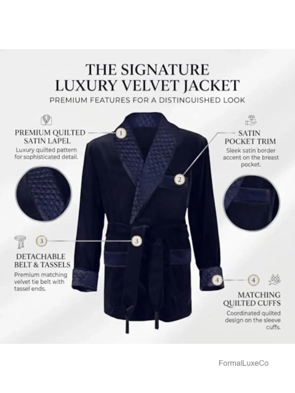 Men's Velvet Smoking Jacket with Quilted Shawl Collar & Belt